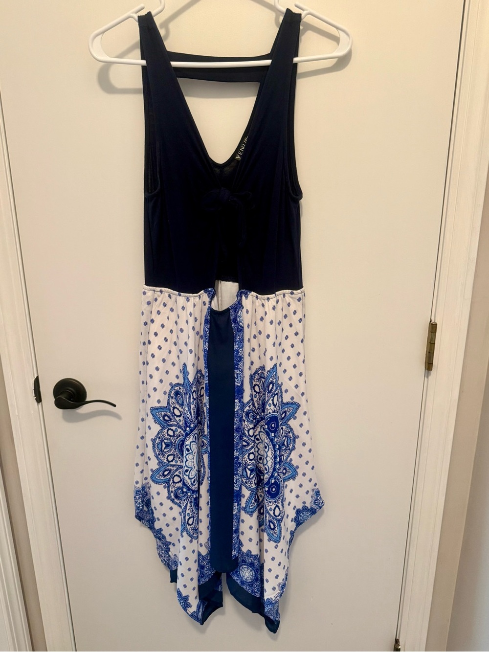 VENUS Navy Tank Top Dress with White & Blue Paisley Flowy Handkerchief Hem